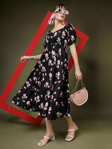 Image of OOMPH! Below Knee Shift Pink Dress in Crepe Fabric with Round Neck and Puff Sleeves - md619l