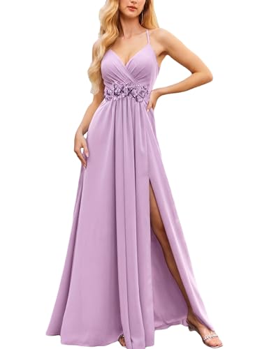 VOUIAO Elegant Ruched Formal Dress for Women Sexy Deep V Neck Party Dress Slit Maxi Wedding Guest Bridesmaid Cocktail Gown Light Purple L