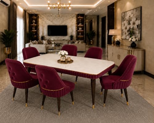 Image of WOODEN SPACE 6-Seater Wooden Dining Table Set | Nano Composite Marble Top | Solid Wood Base | Modern Dining Room Furniture with 6 Chairs (Grand Aura Maroon)