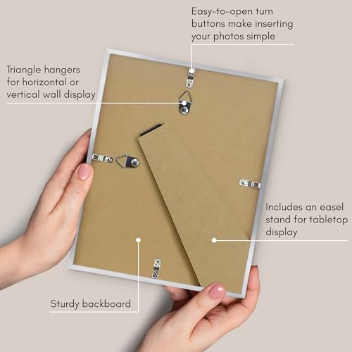 Americanflat 8x10 Picture Frame with Shatter-Resistant Glass - Streamline Collection - Thin Border Picture Frame for Tabletop and Wall Display - Hanging Hardware and Easel Stand Included - Silver