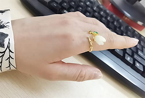 Shell Pearl Tulip 925 Sterling Silver Flower Ring For Women Girls Gold Plated Green Cubic Zircnoia Leaf Branch Stacking Open Finger Rings Comfort Fit Dainty Christmas Birthday Jewelry Gift #TOP3