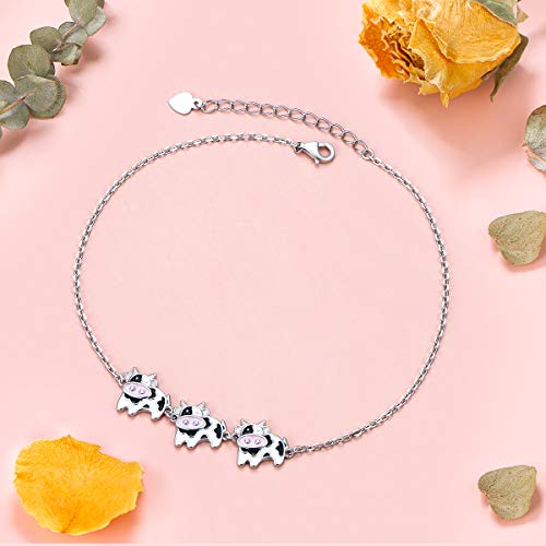 S925 Sterling Silver Cute Animals Cow Foot Charm Boho Beach Anklets Bracelet For Women Teenager Girls Adjustable 9 To 10.5 Inches #TOP2