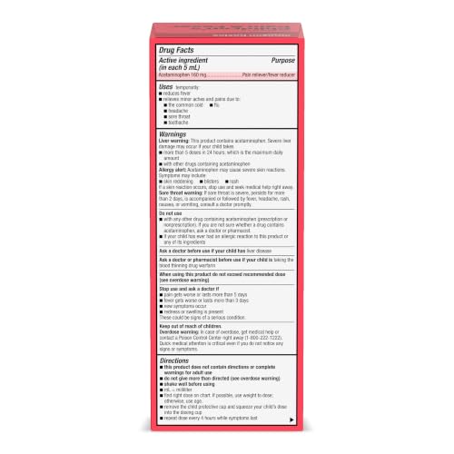 Amazon Basics Children's Pain and Fever, Acetaminophen 160 mg per 5 mL Oral Suspension, Dye-Free Cherry Flavor, Fever Reducer and Pain Reliever, 8 fl oz (Previously Care) - image 9