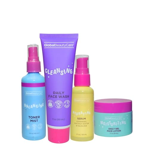 Global Beauty Care Youthful Skincare Set - Daily Gel Face Lotion (1.7oz), Face Wash (3oz), Toner Mist (3.4oz) & Hydrating Serum (1.7oz)– with Cocoa Butter, Glycerin, Cucumber, and Aloe – 4-Piece Kit
