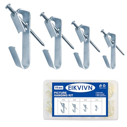 Image of Picture Hangers Holds 10-50lbs, 170pcs Picture Hanging Kit, Eikvivn Picture Hooks with Nails, On Dry Wall, Wooden Wall