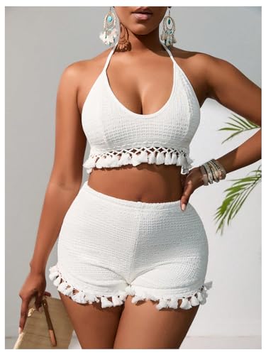 Women's 2 Piece Outfits Tassel Trim Backless Halter Crop Top and Elastic Waist Shorts Sets4