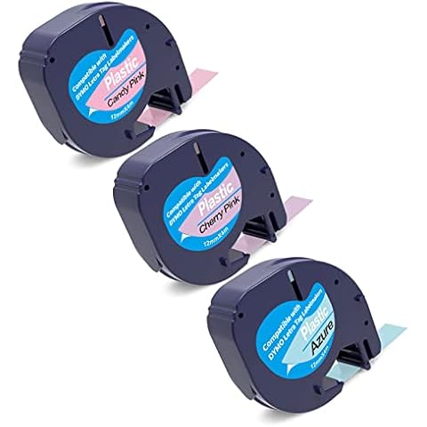 3 Pack Label Tape Compatible with Dymo LetraTag 12 mm x 4 m Plastic Compatible for Dymo LetraTag LT-100H LT-100T LT-110T XR XM QX50 2000, Cherry Pink/Azure/Candy Pink Cover