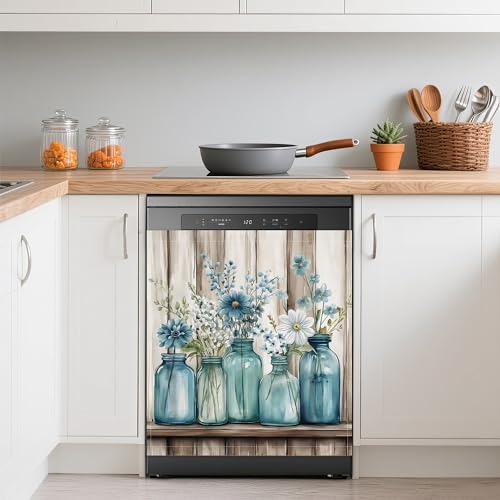 Image of Blue Mason Jars Flowers Dishwasher Magnets Decorative Cover,Rustic Wooden Boards Waterproof Magnetic Dishwasher Cover Panel,Refrigerator Magnet Cover for Kitchen Home Decor 23x26 Inch