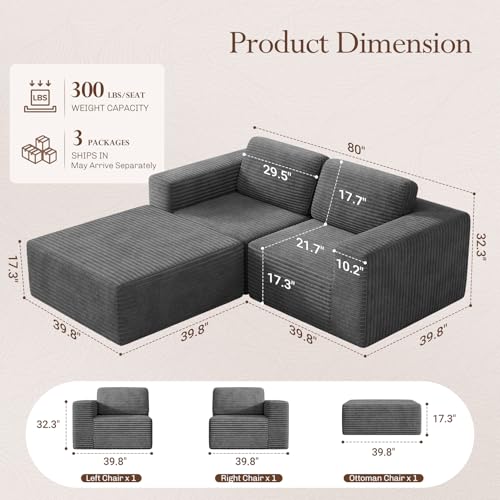 Image of Vesgantti 80 inch Modular Sectional Sofa, Corduroy Cloud Couch with Deep Seats & Spring Support, Compact 2 Seater Boneless Couch, L-Shaped Modular Sofa for Small Spaces, Apartments, No Assembly, Grey