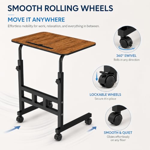 Image of amazon basics Adjustable Sofa Side Table with Wheels, Portable Bedside Table for Bed and Sofa, Rolling Study Desk, Height Adjustable 26-34 Inch, 23.5 x 15.5 Inch Top Brown