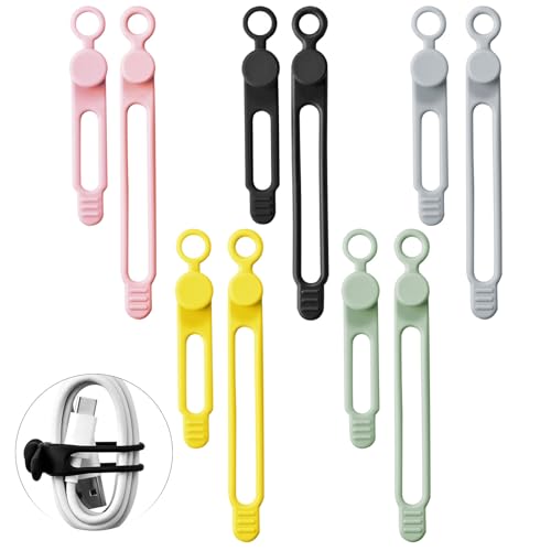 Fekayer 10Pcs Reusable Silicone Cable Ties – Adjustable Cord Organizer with Locking Buckle, Elastic Cable Straps for Earphones, Chargers, PC Wires – Colorful Wire Wraps for Home, Office, Travel