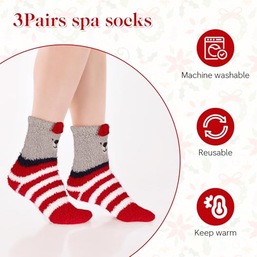 Image of Abeillo 3 Pairs Christmas Fluffy Socks for Women Girls - Soft Cozy Slipper Socks, Winter Warm Home Sleeping Socks, Mid-Calf Coral Fleece, Don't Shed Lint, Size 4-9