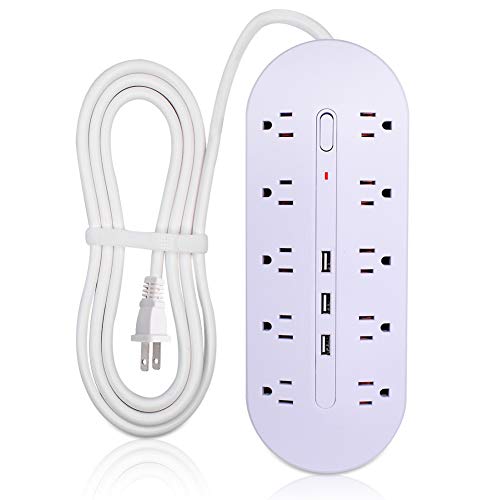 Yeatel 2 Prong Power Strip-10 AC Outlets Surge Protector Power Strip with 3USB and 2 Prong Extension Cord for Non-Grounded Outlets,5V3.4A USB,White