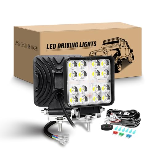RIGIDON 2Pcs Faros de trabajo led y 12V kit de cableado, 4 Pulgadas 10cm 48W Blanco y ámbar Spot lámpara trabajo led, Exterior Foco led para Off road Camión Coche ATV 4x4 Tractor, faros antiniebla