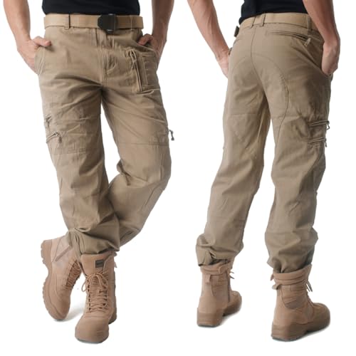 Image of CRYSULLY Men's Cotton Multi-Pockets Work Pants Tactical Outdoor Military Army Cargo Pants (No Belt)