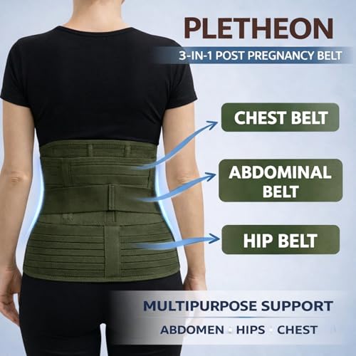 Image of PLETHEON 3-in-1 Post Pregnancy Abdominal Belt for Women - Post Delivery Belly, Waist & Pelvis Support Wrap | Tummy Compression Shapewear | Free Size 30-46 Inch | Polyester Spandex | Green