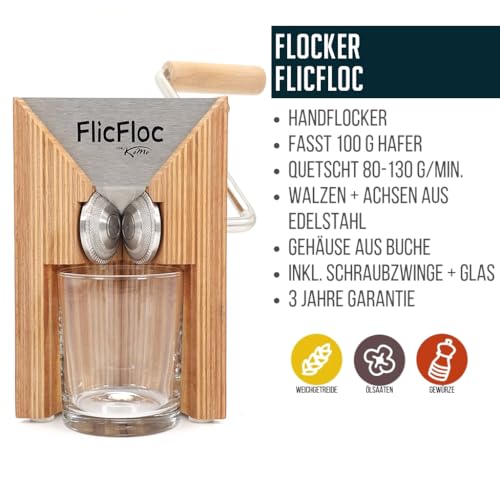 Foto von KoMo FlicFloc Flockenquetsche (Haferquetsche) - Haferflocken für dein Müsli oder Porridge im Handumdrehen frisch gequetscht und damit deutlich mehr Nährstoffe - Tischmodell mit Trichter aus Holz