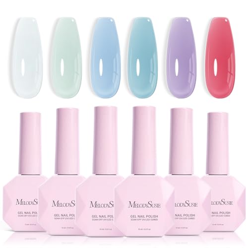 Image of MelodySusie Jelly Gel Nail Polish Set,6PCS Milky or Jelly Texture,Pastel Sea Breeze Colors Soak Off UV LED Light Cure or Salon Manicure and Nail Art DIY at Home 15ML