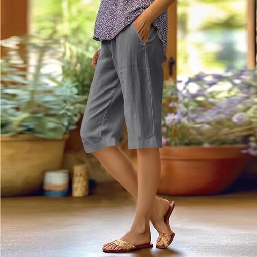 Womens Cotton Linen Capri Pants Summer Straight Casual Elastic Fashion Cropped Trousers Beach Vacation Outfits 20252