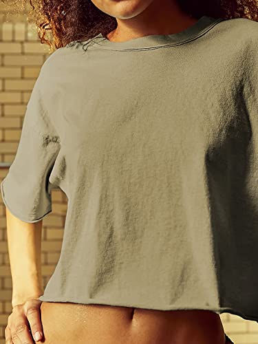 Cropped T Shirts For Women Summer Short Sleeve Crop Tops Oversize Workout Athletic Gym Shirts Olive L #TOP3
