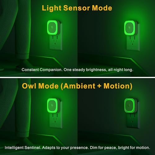 Image of YUNLEX 2 Pack Plug in Night Light with Motion Sensor & Dusk to Dawn Sensor, 3 Sensor Modes, Auto ON /Off, Dimmable Reflected Light, Calming Green LED for Home Office, Hallway, Bathroom