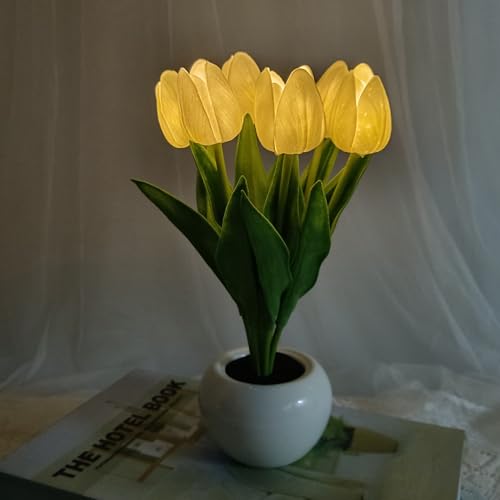 TWSOUL Luce notturna a tulipano, con vaso in ceramica, lampada a tulipano, luci da tavolo a LED, per casa, soggiorno, desktop, regali per amici (bianco)