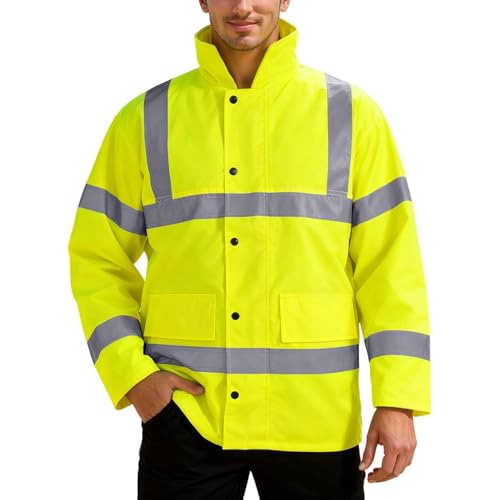 WAZHAKU Chaqueta de advertencia para hombre, chaqueta de trabajo de invierno, impermeable, reflectante, impermeable, resistente al viento, chaqueta de piloto, chaqueta reflectante acolchada, ropa de