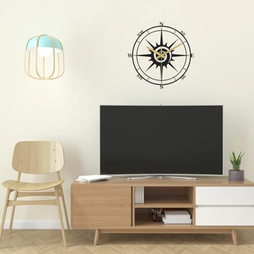 Image of Modern Compass Wall Clock, Oversized Wall Clock, Metal Wall Clock, Large Wall Clock, Minimalist Wall Clock, Silent Wall Clock, Gear Wheel Wall Clock (15.7 Inch)