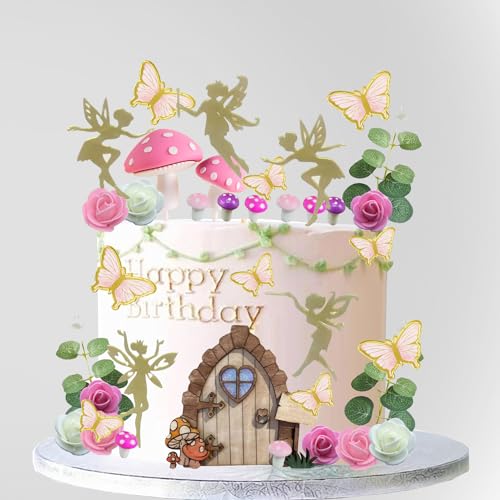 LXASIY 39PCS Fairy Cake Toppers Fairy Cake Decoration Pink Mushroom Door Butterfly Flowers Cake Decoration Fairy Garden Topper for Fairy Party Birthday Baby Shower