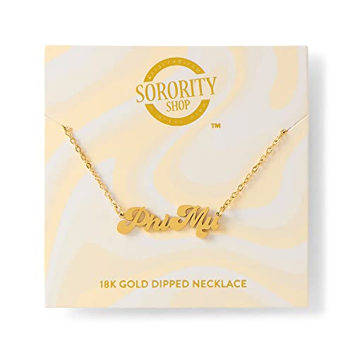 Sorority Shop Phi Mu Necklace — Retro Font Design with 18K Gold Plating, Phi Mu Gifts for Women2