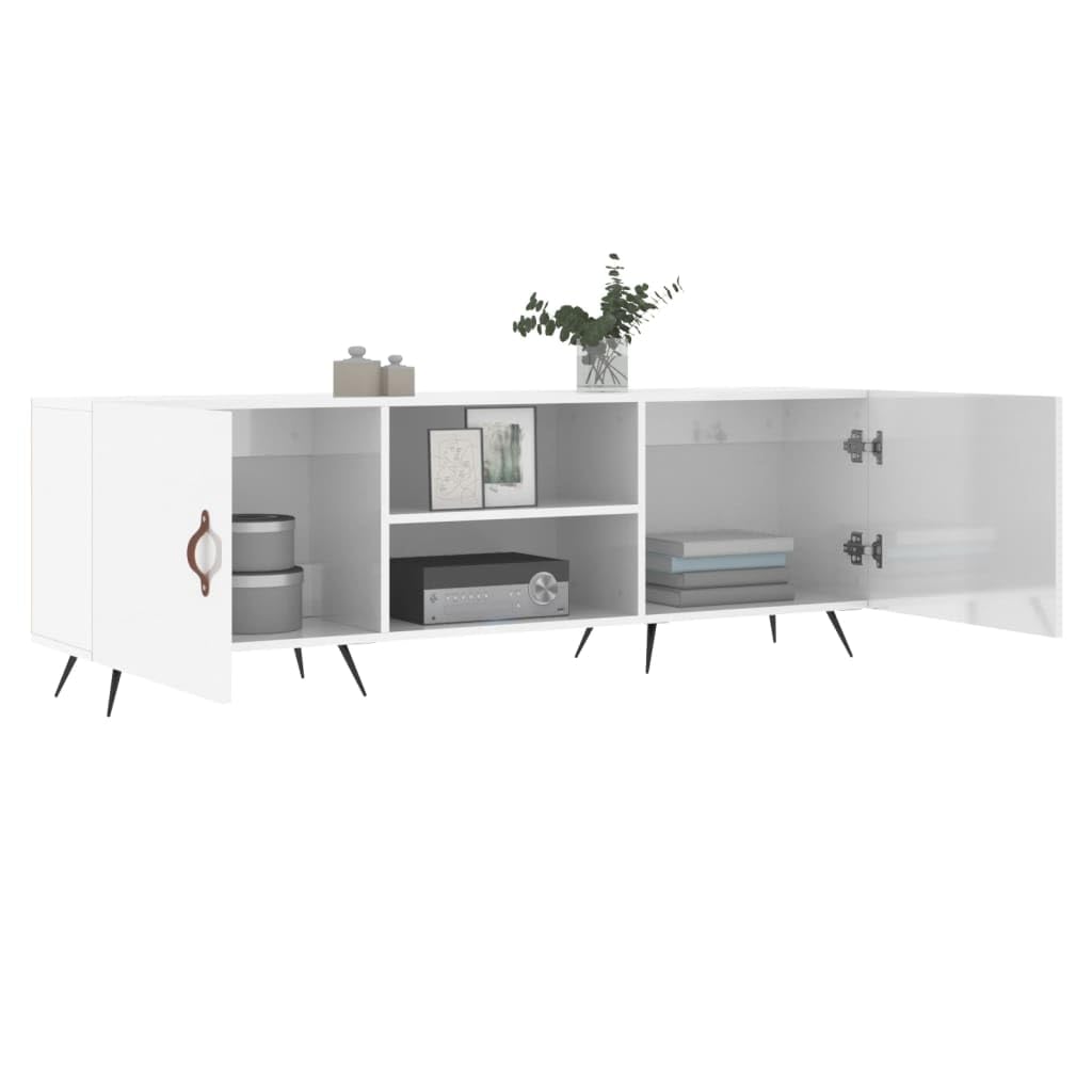 Szafka pod telewizor, wysoki połysk, biała, 150 x 30 x 50 cm, materiał drewnopochodny z 4 półkami i żelaznymi nogami – szklany stolik pod telewizor do przechowywania i stabilnej prezentacji