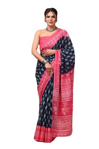 Image of Hand Block Printed Cotton Mulmul Saree | Soft Lightweight Summer Saree | Pure Cotton Traditional Indian Saree for Women