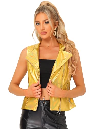 Allegra K 1980s Disco Jacket for Women's Metallic Holographic Shiny Stand Collar Sleeveless Faux Leather Vest