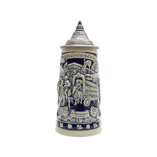 Essence of Europe Gifts 0.7 Liter German Beer Stein with Lid - Germany Festival Scene Munich, Wagon and Hops Bier Krug Beer Steins - Tankard Beer Mug by Essence of Europe Gifts - Used condition - US$56.23
