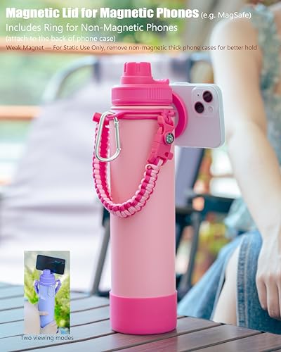 18 oz Insulated Water Bottle with 2 Lids & Magnetic Phone Holder