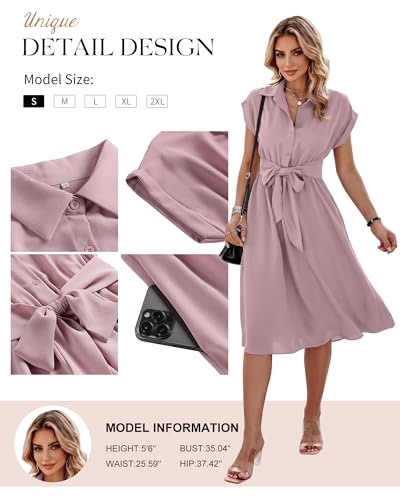 Image of ECOWISH Womens Casual Midi Dresses Solid V Neck Short Sleeve Button Shirt Belted Dress with Pockets for Spring Summer 2026