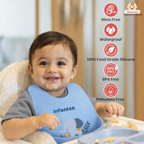 Image of Infantso Silicone Ultra Light Baby Bib for Feeding & Weaning Babies & Toddlers with Food Cather Pocket, Waterproof, Washable, Reusable, Non Messy Easy Cleaning, No Odour, Adjustable Button Neckline