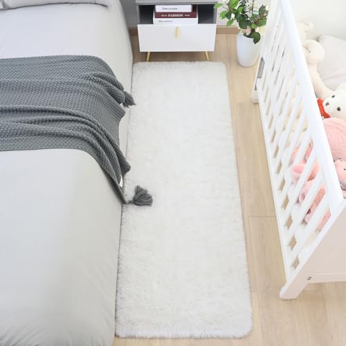 HOMORE 2x6 Runner Rugs for Bedroom, White Runner Rug for Hallway Entryway Laundry, Modern Shag Bedroom Runner Cute Carpets for Kids Dorm Bedside, Ivory