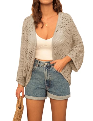 GRACE KARIN Summer Cardigans for Women UK Lightweight, 3/4 Batwing Sleeve Open Front Crochet Cardigan, Casual Loose Drape Waterfall Beach Cover Up Beige