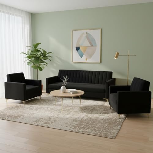 Image of Marvello 3+1+1 Fabric Sofa Set for Living Room | Soft Velvet Upholstery, Sturdy Wooden Frame | Stylish Sofa for Hall & Office Spaces (Black)