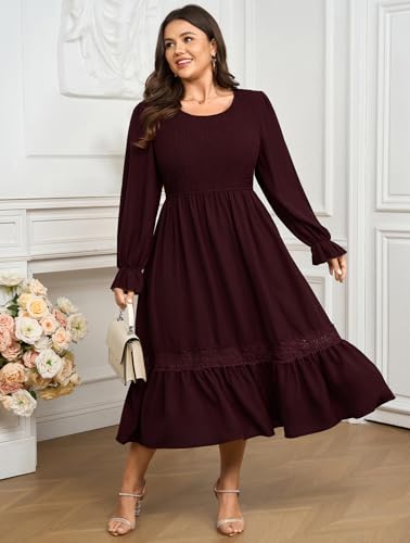 Plus Size Maxi Dress for Women Wedding Guest Fall Smocked Long Sleeve Round Neck Empire Waist Flowy Ruffle Dress 1XL~4XL2