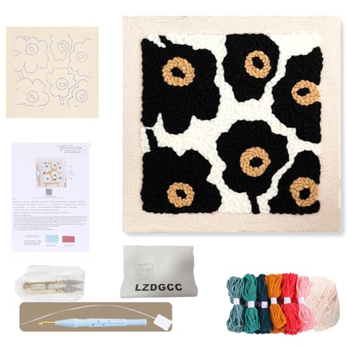 Image of Embroidery Punch Needle Kit Frame, Punch Needle Kits Adults Beginner, Embroidery Starter Kit, Punch Needle Tool with 9.8x9.8 in Punch Needle Fabric with Pattern, Threader, Yarns, Pinch Needle (Black)