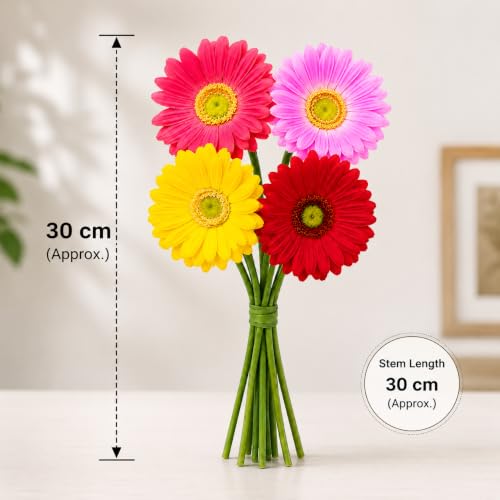 Image of CURATED CART Daisy Artificial Flowers Bunch - Pack of 4, 30 Cm, Gerbera Flowers for Vase | Real Touch with Bendable Stems | Mixed Colours Flower for Home, Kitchen, Office Decor (No Vase)