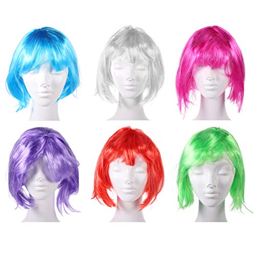 PIXNOR 6Pcs Neon Bob Perucas Perucas de Festa Conjunto Colorido Traje Peruca Peruca Cosplay Curto Ca