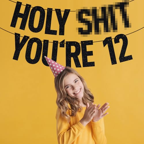 Image of Black Glitter Holy Shit You're 12 Banner, Happy 12th Birthday /Officially 12 Pre-teen /Level 12 Unlocked, 12th Birthday Party Decorations Supplies