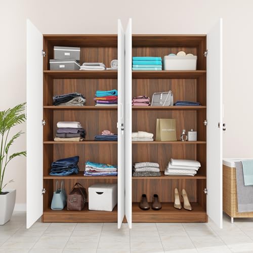 Image of VIKI Wardrobe |Wooden Almirah for 4 Door Fully Shelves Mirror Wardrobe (Walnut |White - 40D x 160W x 180.8H) | 1 Year Warranty | Free Assembly