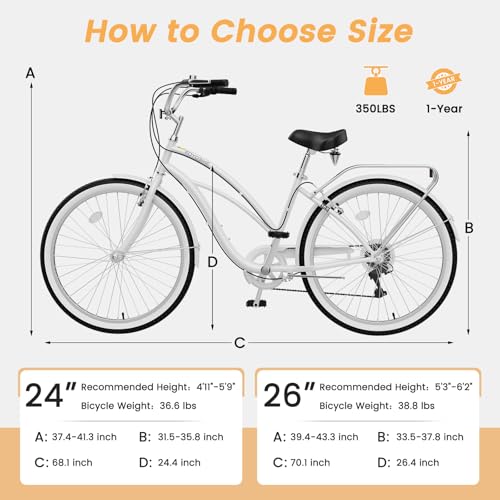 Image of MOONCOOL Beach Cruiser Bike for Women and Men, 24 /26 Inch 7-Speed Adult Bicycle, Comfortable Step-Through Frame with Rear Rack, Classic City Cruiser