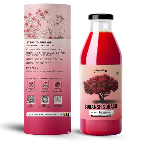 Image of REFRESHING ROOTS Uttarakhand Premium Buransh (Rhododendron) Squash, 500 ML Glass Bottle | Cold Pressed | Natural Health Drink | Added Honey | No Artificial Flavors | Rich in Antioxidants