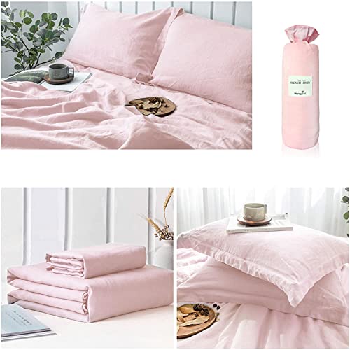 Merryfeel Linen Duvet Cover Set Queen Size, 100% French Linen Luxurious Duvet Cover Set, Natural Flax 3 Pieces Bedding Set (1 Duvet Cover With 2 Pillowshams) - Light Pink - Breathable #TOP1
