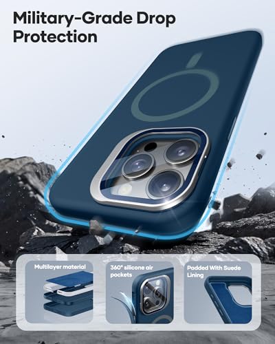 Image of Vihibii for iPhone 15 Pro Max Case, [Compatible with MagSafe], Built-in Transparent Lens Cover & Camera Stand, Full-Body Shockproof Soft Silicone Rubber Phone Cover with Microfiber Lining, Dark Blue